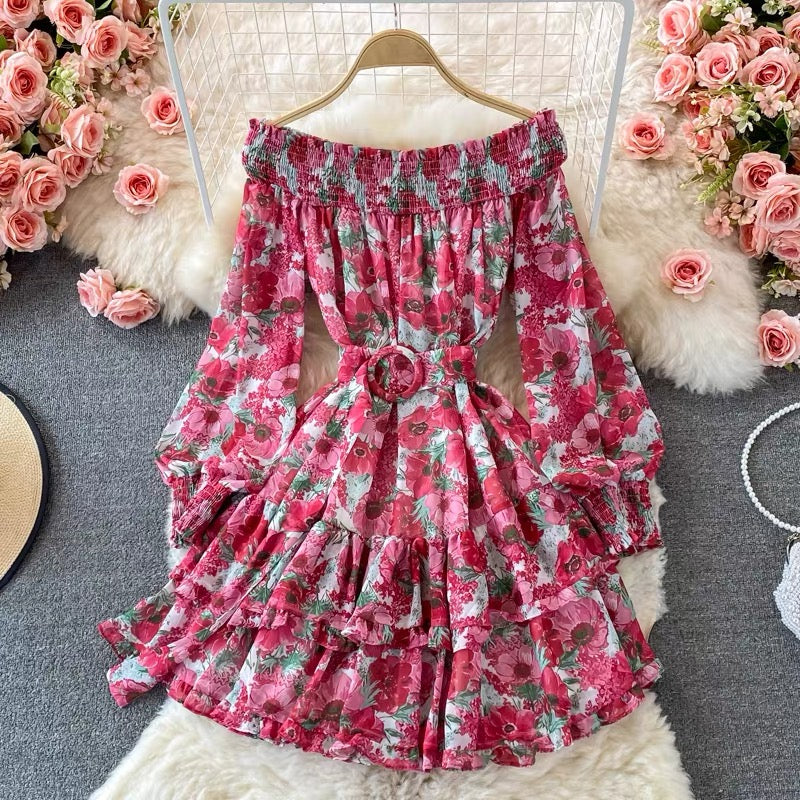 Cuff sleeve off shoulder floral ruffle layers mini chiffon dress