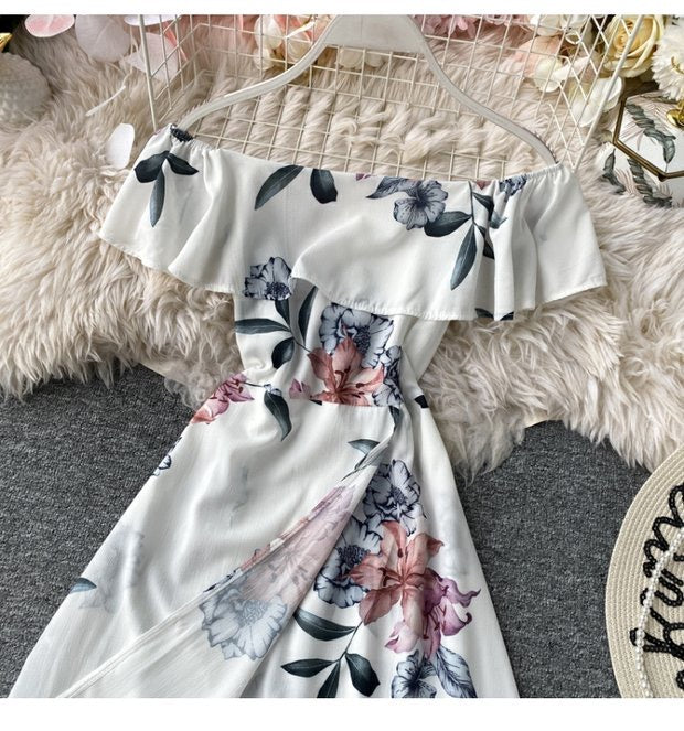 Flappy off shoulder floral split midi dress