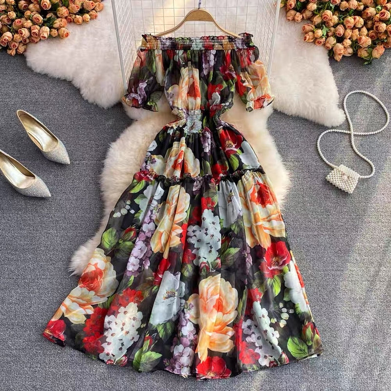 Off shoulder full blooms midi dress