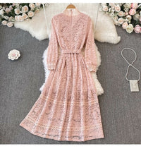 Cuff sleeve lace dress with matching color belt