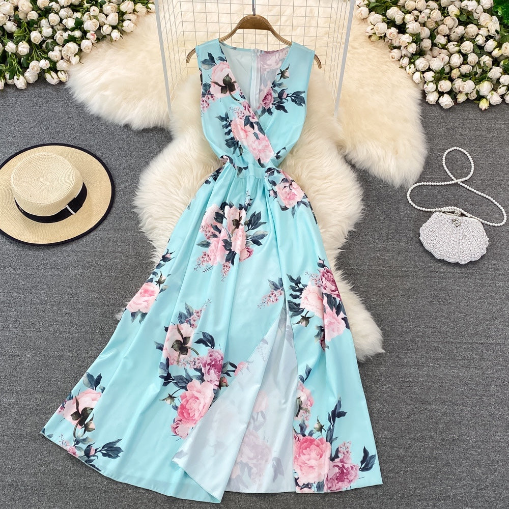 Summer floral V neck split dress