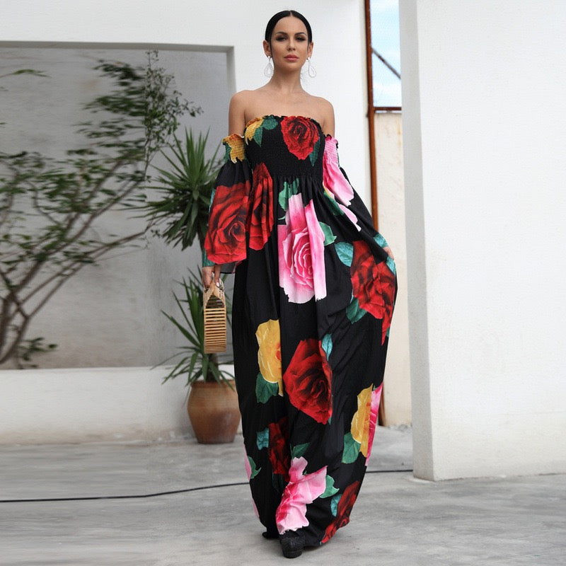 The extraordinary roses off shoulder smocked bodice maxi dress