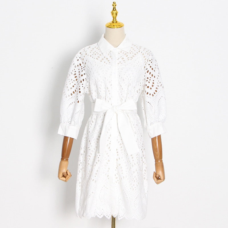 Belted eyelet embroidery shirt dress