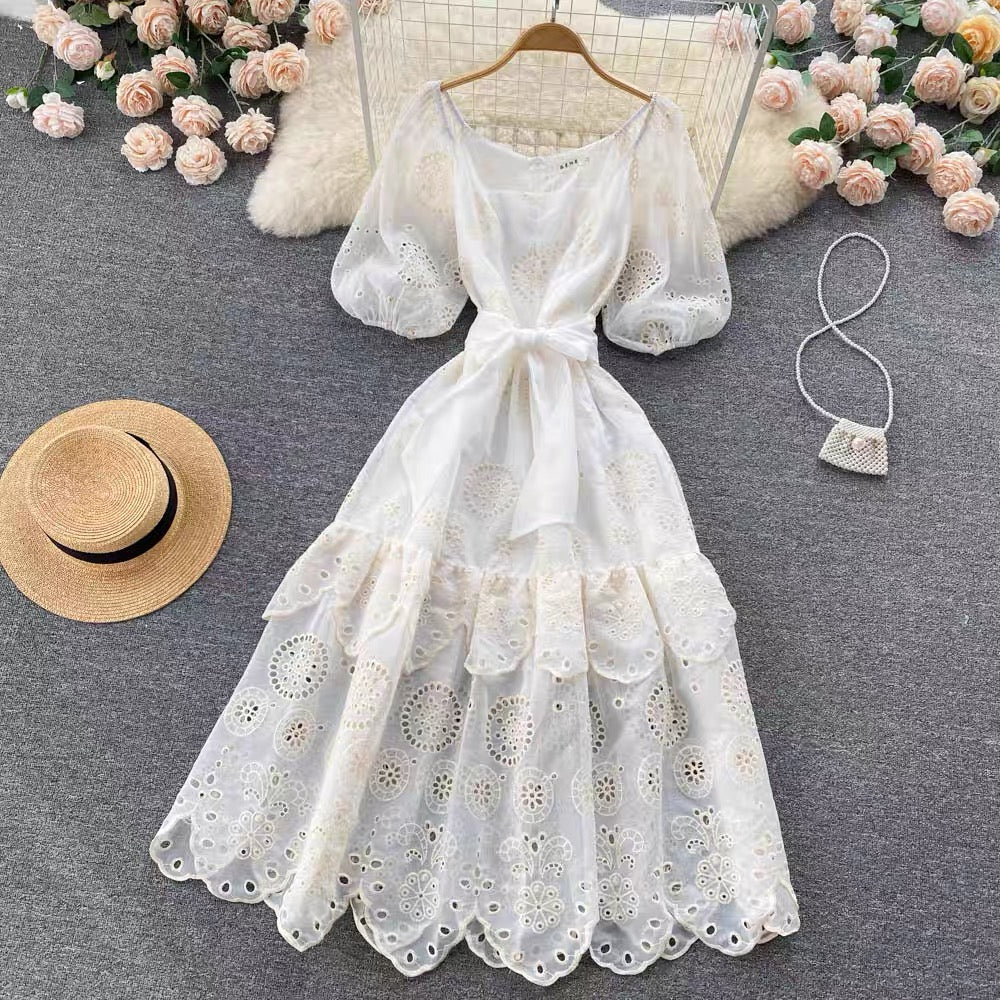 Belted eyelet embroidery lace midi dress