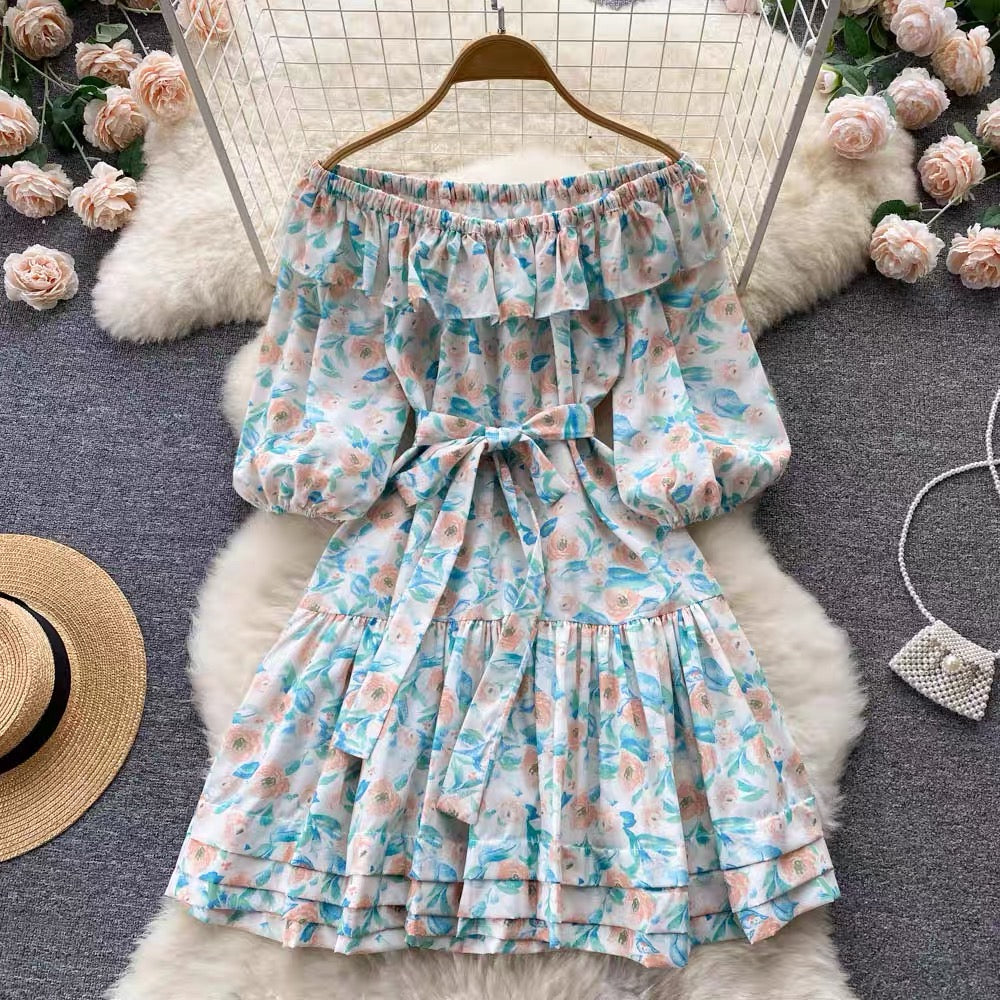 Belted off shoulder floral drop waist mini dress