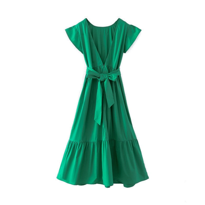 Deep V back cut green dress