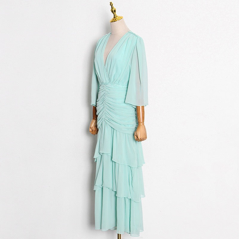 V neck ruched waist ruffle layers maxi dress