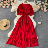 Short sleeve V neck tiered maxi chiffon dress