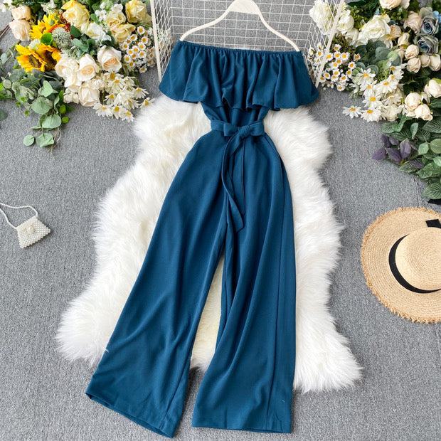 Off shoulder waist tie ruffle jumpsuit