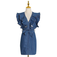 V neck ruffle midi dress in denim