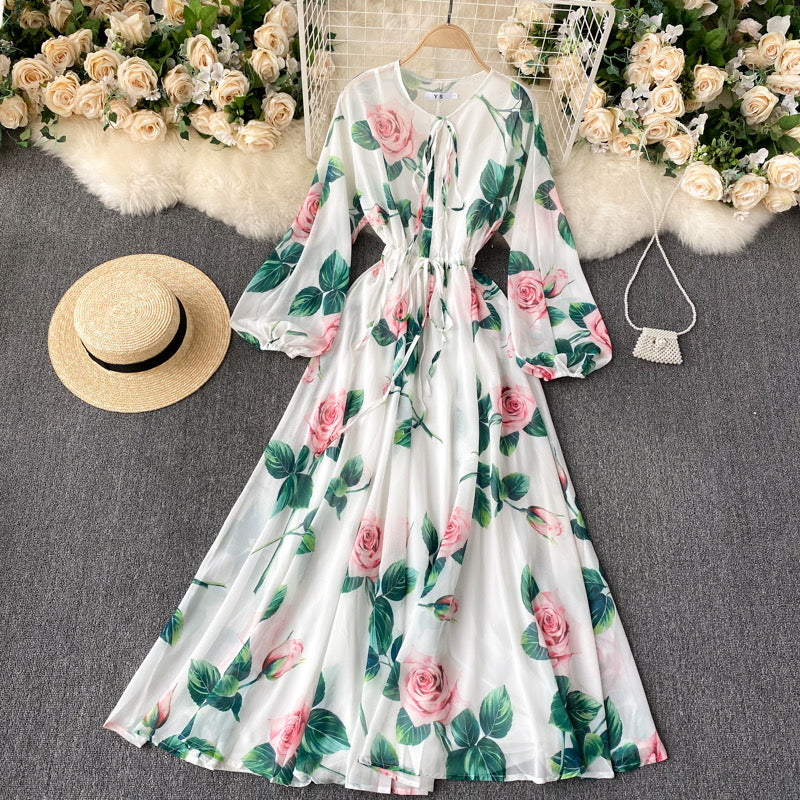 Bishop sleeve neck tie endless roses maxi dress