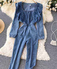 Ruffle apron jumpsuit in denim