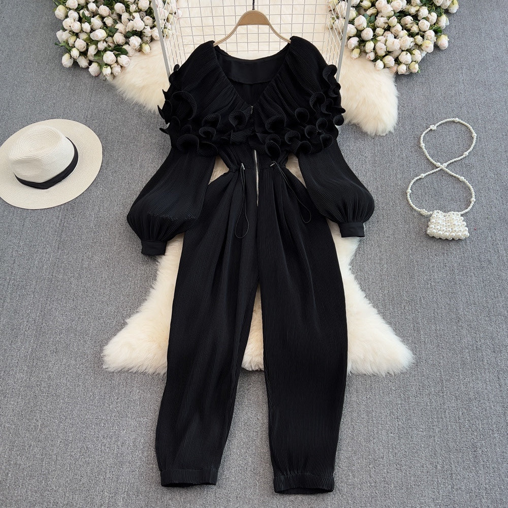 Zip up ruffle layers collar plisse jumpsuit