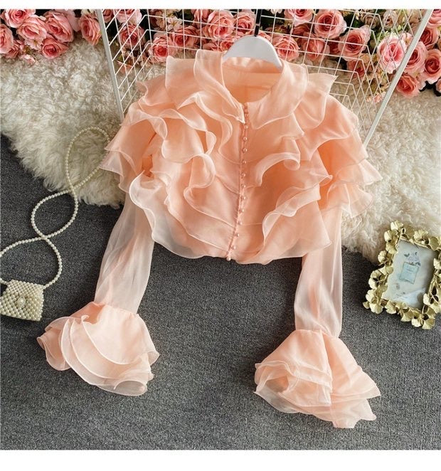 Flounce sleeve ruffle front with pearls button blouse