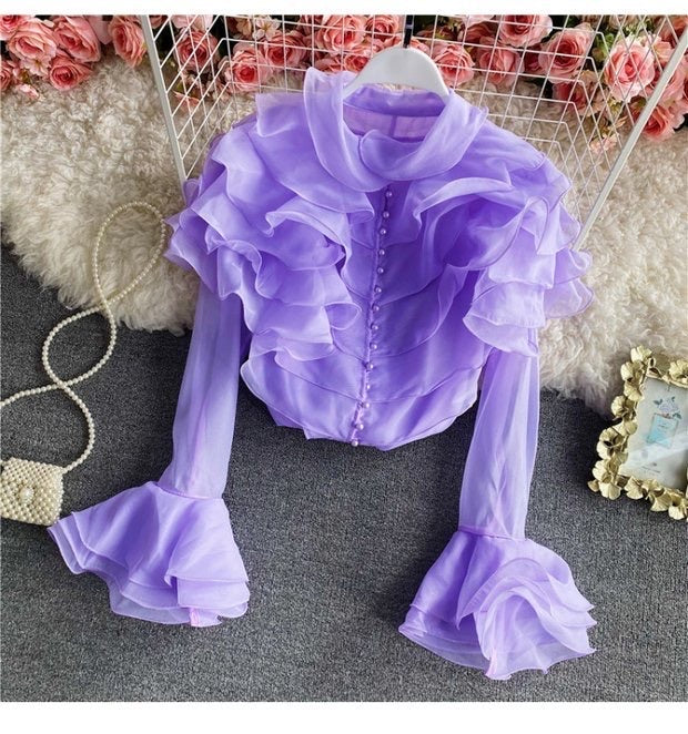 Flounce sleeve ruffle front with pearls button blouse