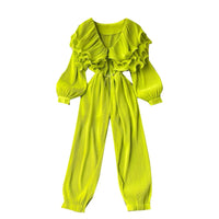 Zip up ruffle layers collar plisse jumpsuit