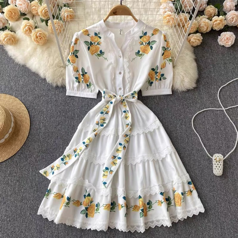 Short sleeve Belted embellished lace trim tiered A line dress