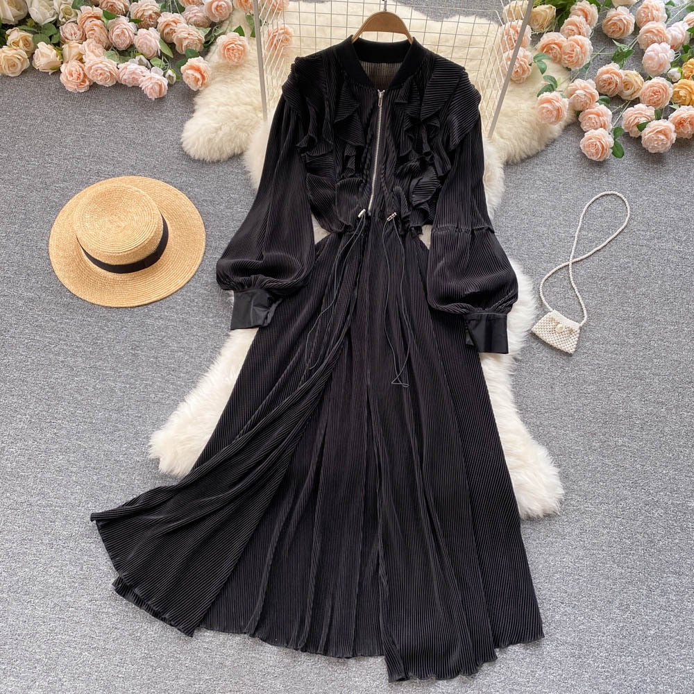 Bishop sleeve front ruffle drawstring waist maxi dress