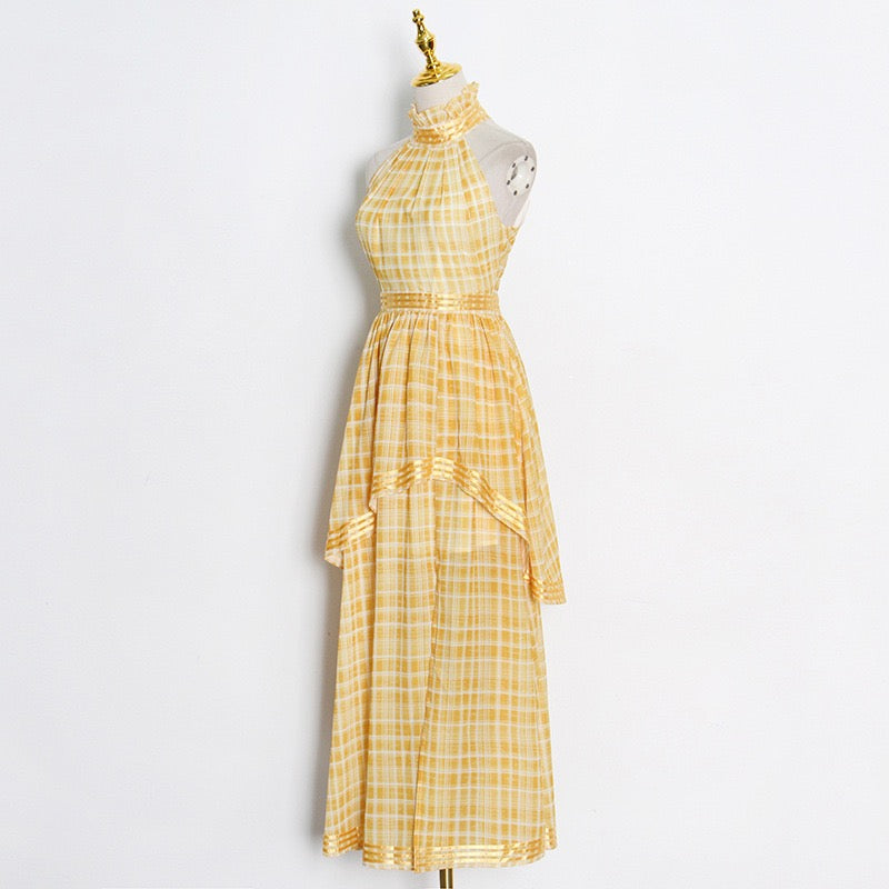 Halter asymmetrical layers side split plaid dress