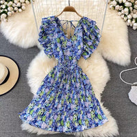 V neck ruffle layers cape sleeve floral pleated dress