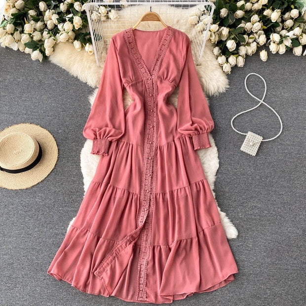 Long sleeve V neck tiered maxi chiffon dress