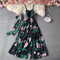 Strappy tie belt maxi roses dress