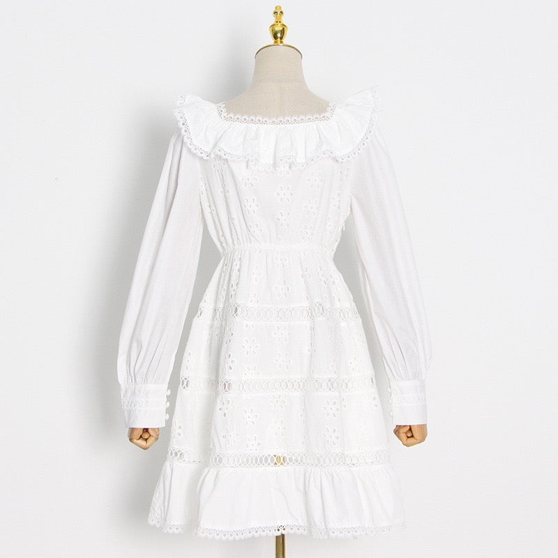 Eyelet embroidery ruffle neckline A line dress