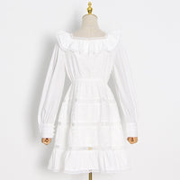 Eyelet embroidery ruffle neckline A line dress