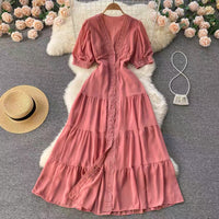 Short sleeve V neck tiered maxi chiffon dress