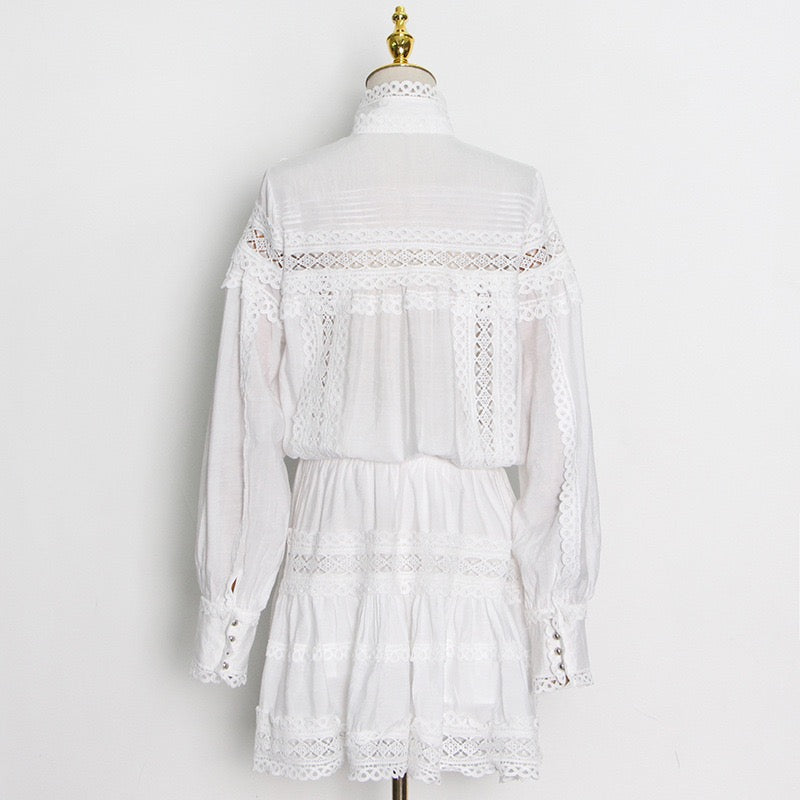 Button up stand neck embellished lace trim mini dress