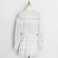 Button up stand neck embellished lace trim mini dress