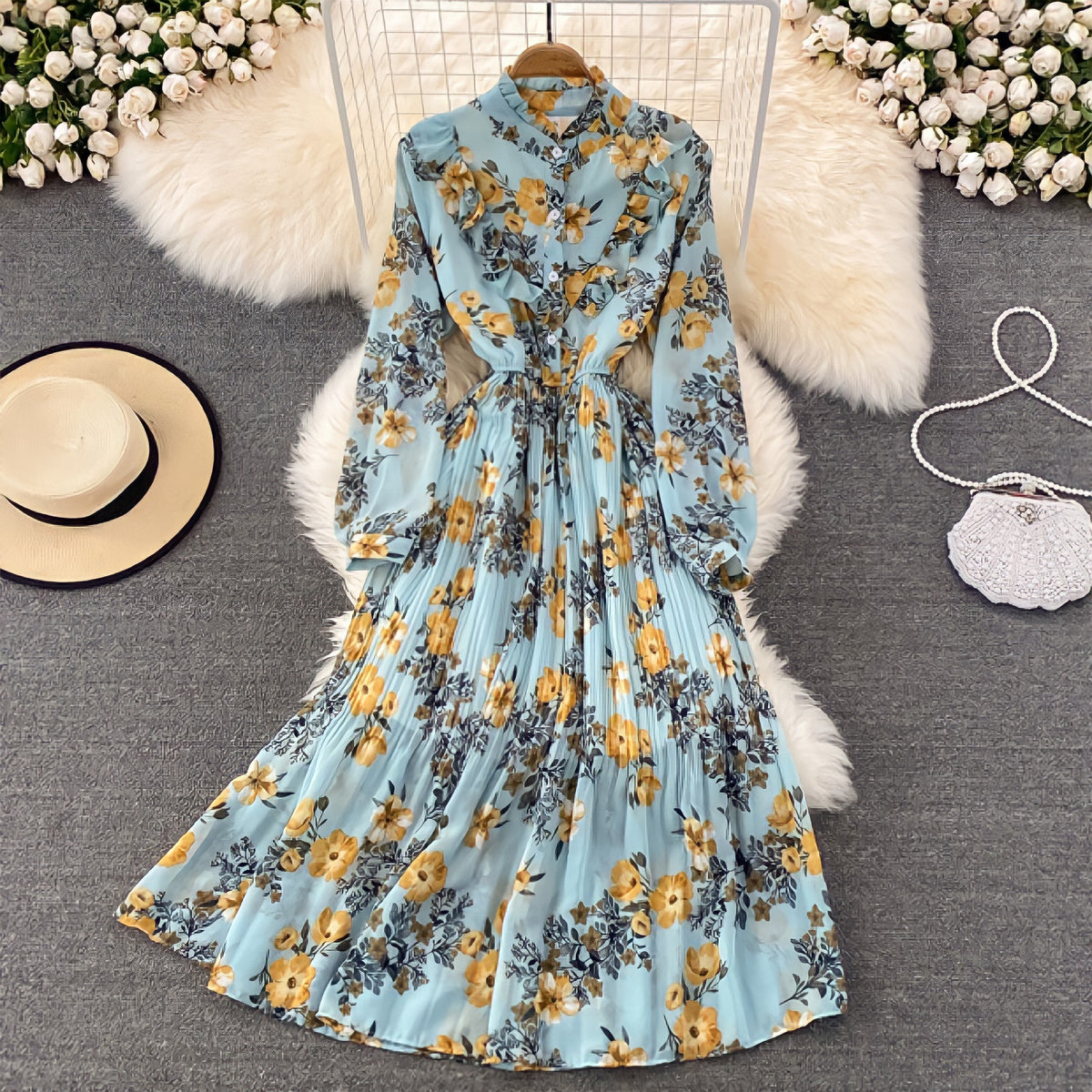 Front ruffle button up floral pleated maxi dress