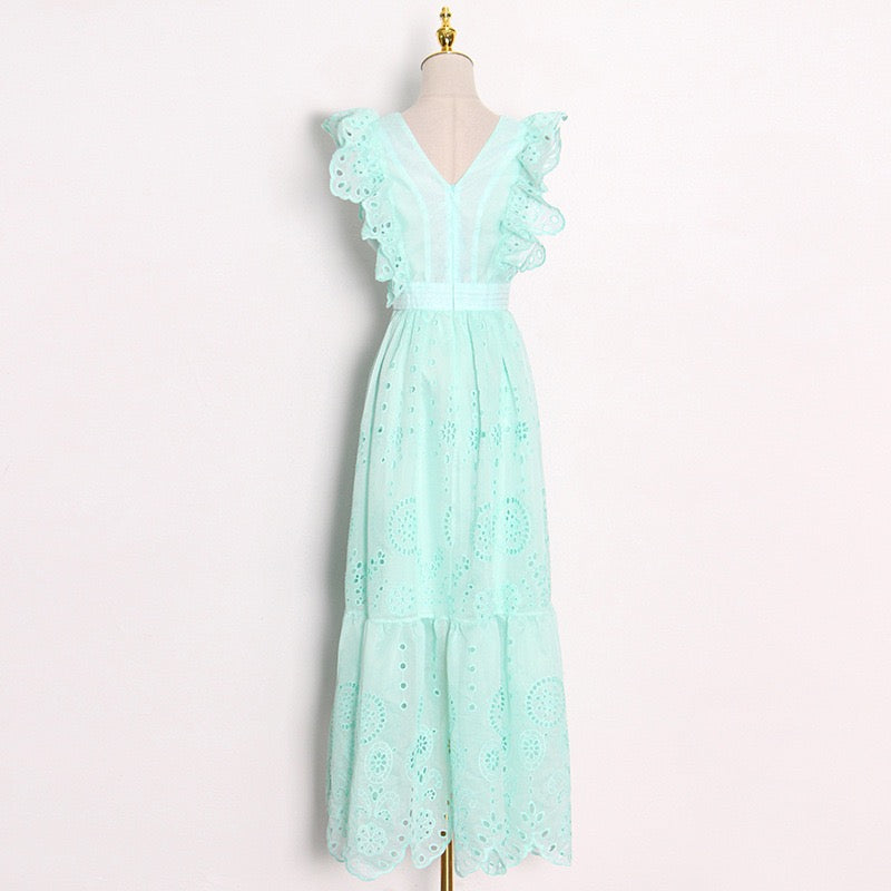 Eyelet embroidery deep V neck maxi dress