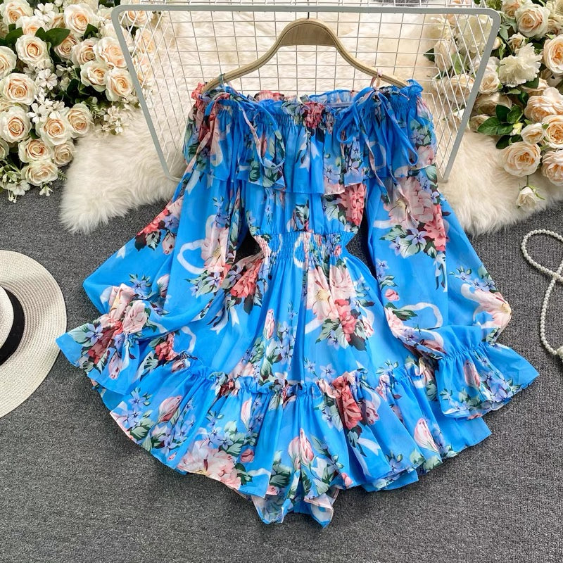 Off shoulder poet sleeve floral romper