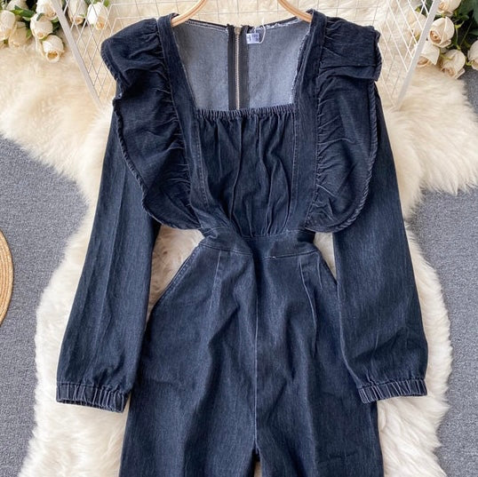 Ruffle apron jumpsuit in denim