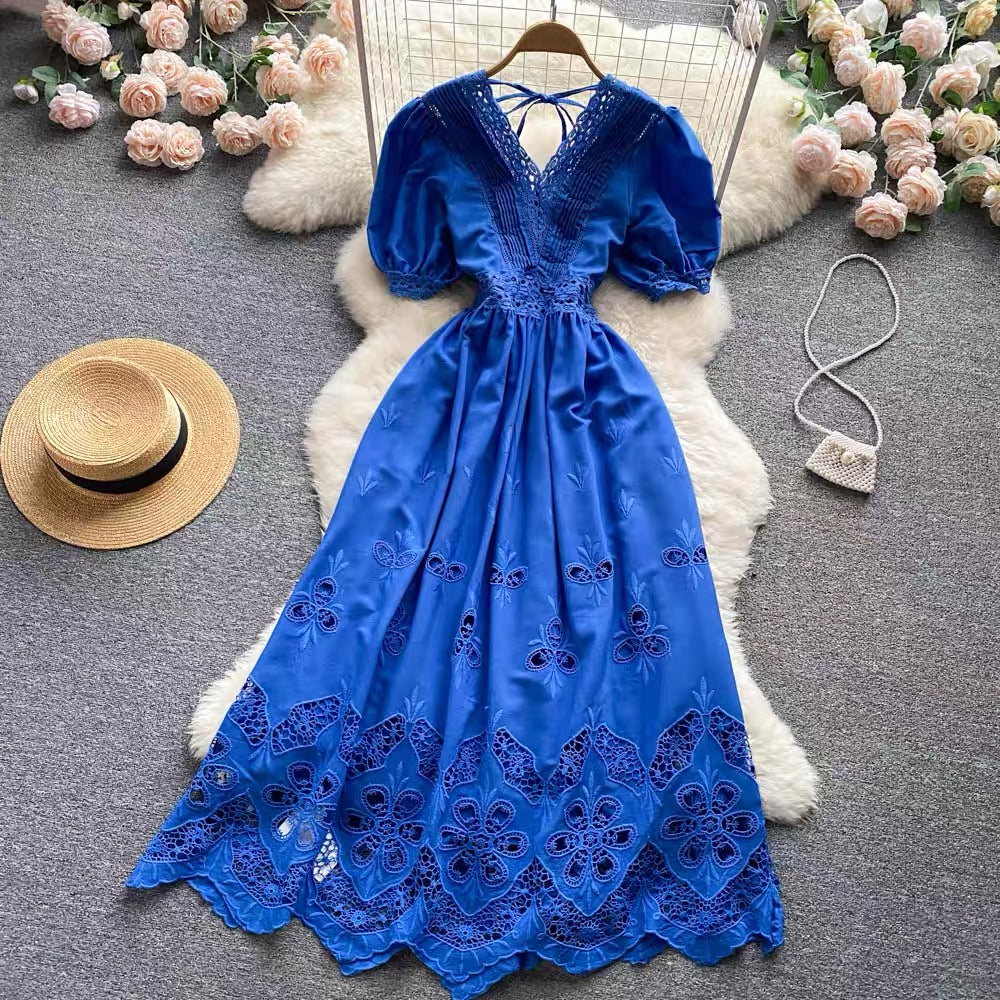 Puff sleeve eyelet embroidery lace V neck maxi dress