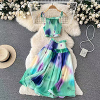 Watercolor smocked tie strappy croptop and midi skirt set