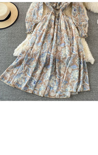 Long sleeve Smocked neck and waist side ruffle maxi dress