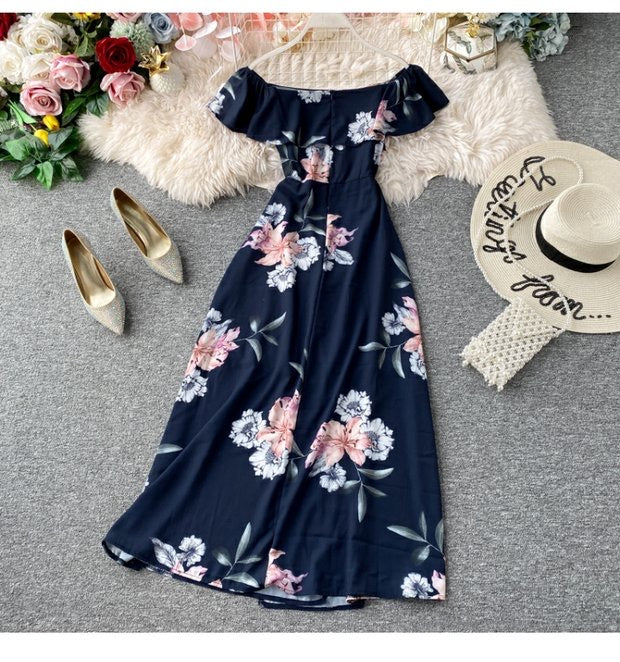 Flappy off shoulder floral split midi dress