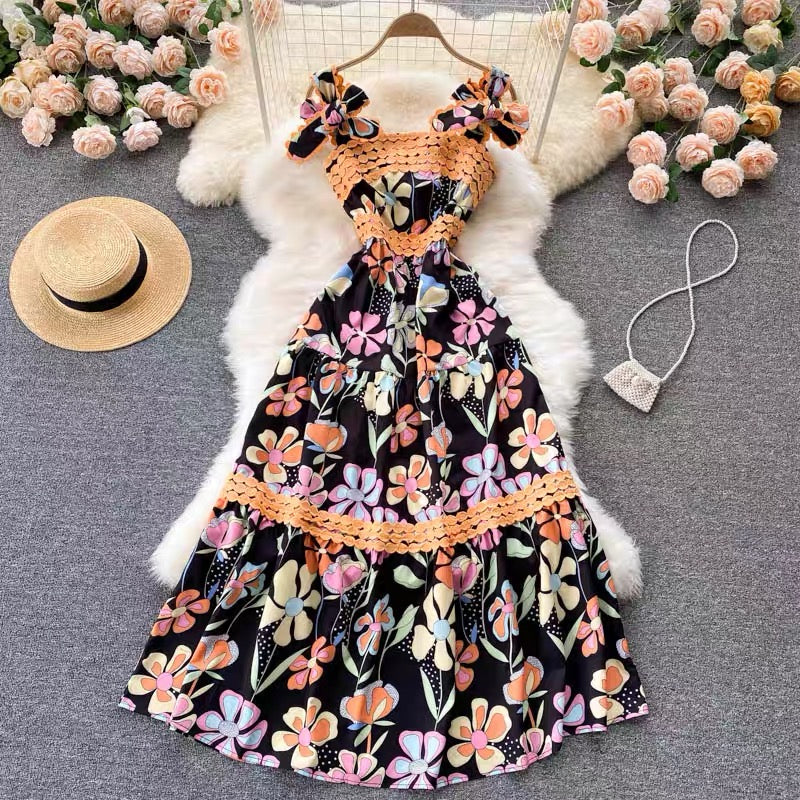 Bowknot strappy embellished lace Adrianna floral dress