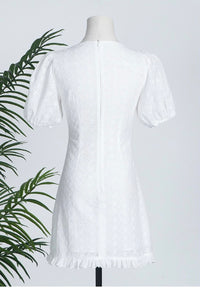 Eyelet embroidery lace drawstring neckline mini dress