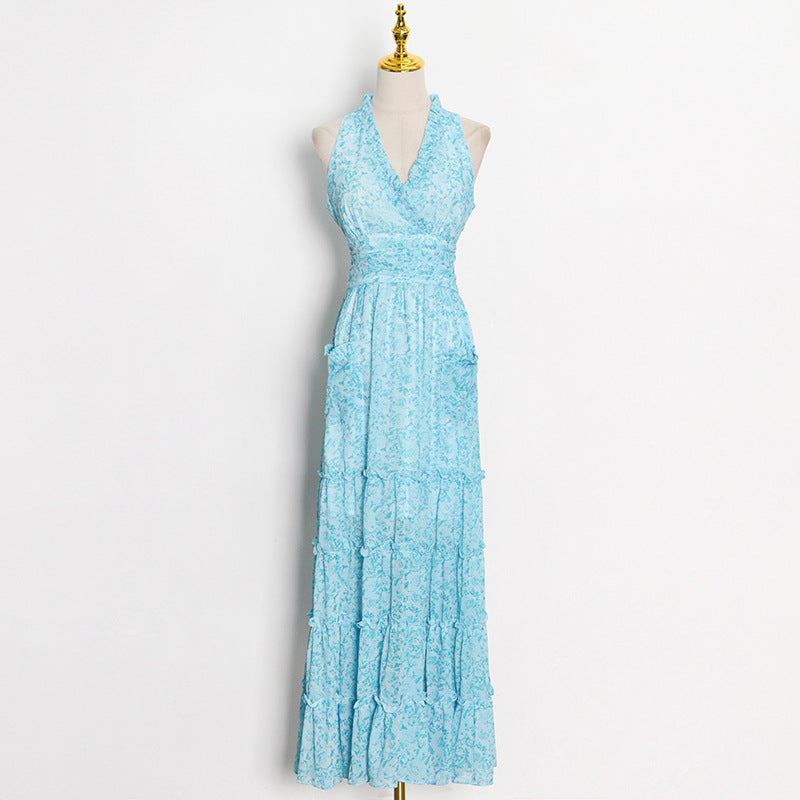 Beautiful ruffle tiered maxi chiffon dress in blue