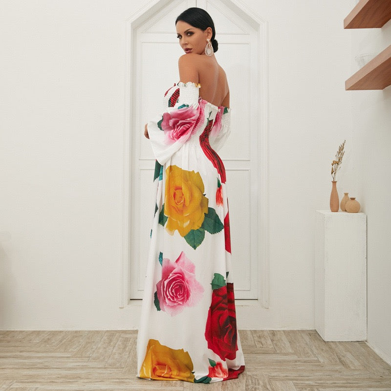 The extraordinary roses off shoulder smocked bodice maxi dress