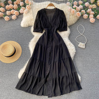 Short sleeve V neck tiered maxi chiffon dress