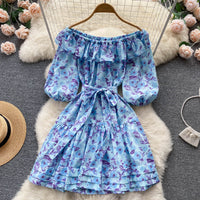 Belted off shoulder floral drop waist mini dress