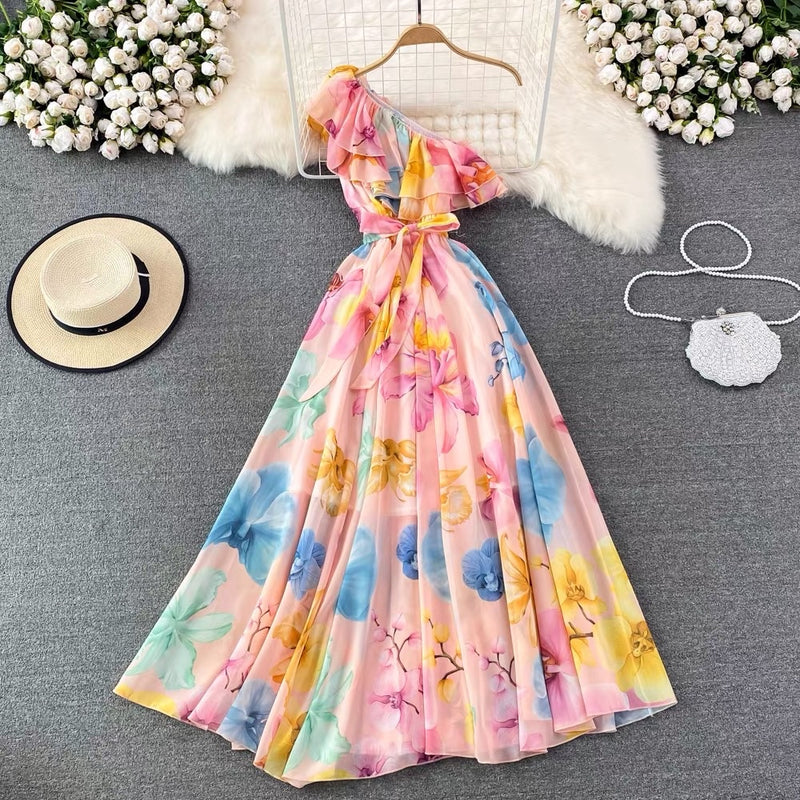 One shoulder ruffle floral maxi dress