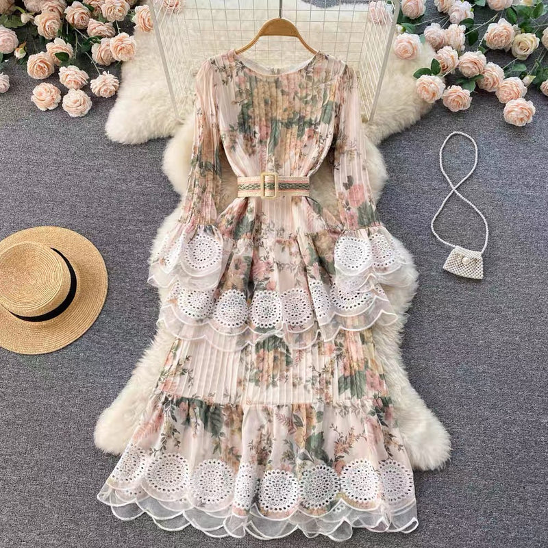 Beautiful floral layers embellished lace trim midi dress