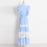 Classy butterfly sleeve embellished embroidered lace maxi dress