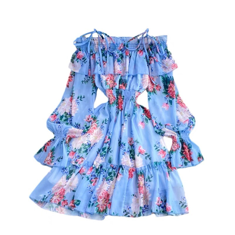 Off shoulder Shirring sleeve floral pouf dress