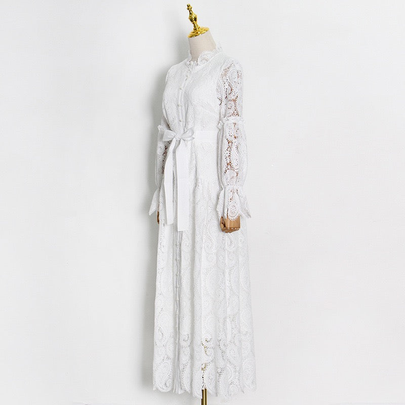 Belted embroidery lace maxi dress